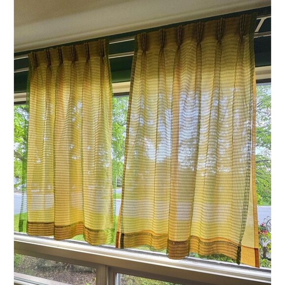 Vintage 70s pleated curtains, green mesh over golden yellow solid liner, pair - Picture 1 of 10